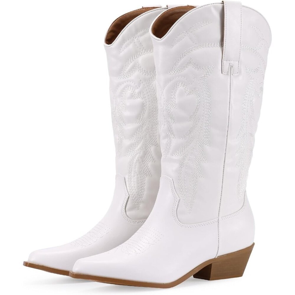 Women's White Pointy Toe Cowgirl Chunky Heel Boot Mid Calf Ladies Western Boots